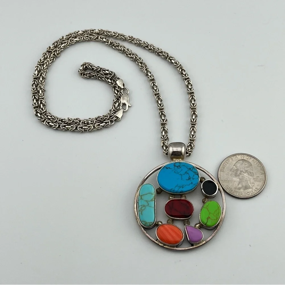 Southwest Inlay Multi Stone 925 Pendant 29g Necklace 925 Chain 20g Heavy 22”